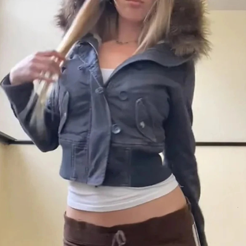 autumn and winter retro detachable fur collar solid color denim pocket women jacket Y2K fashion street chic warm 251213