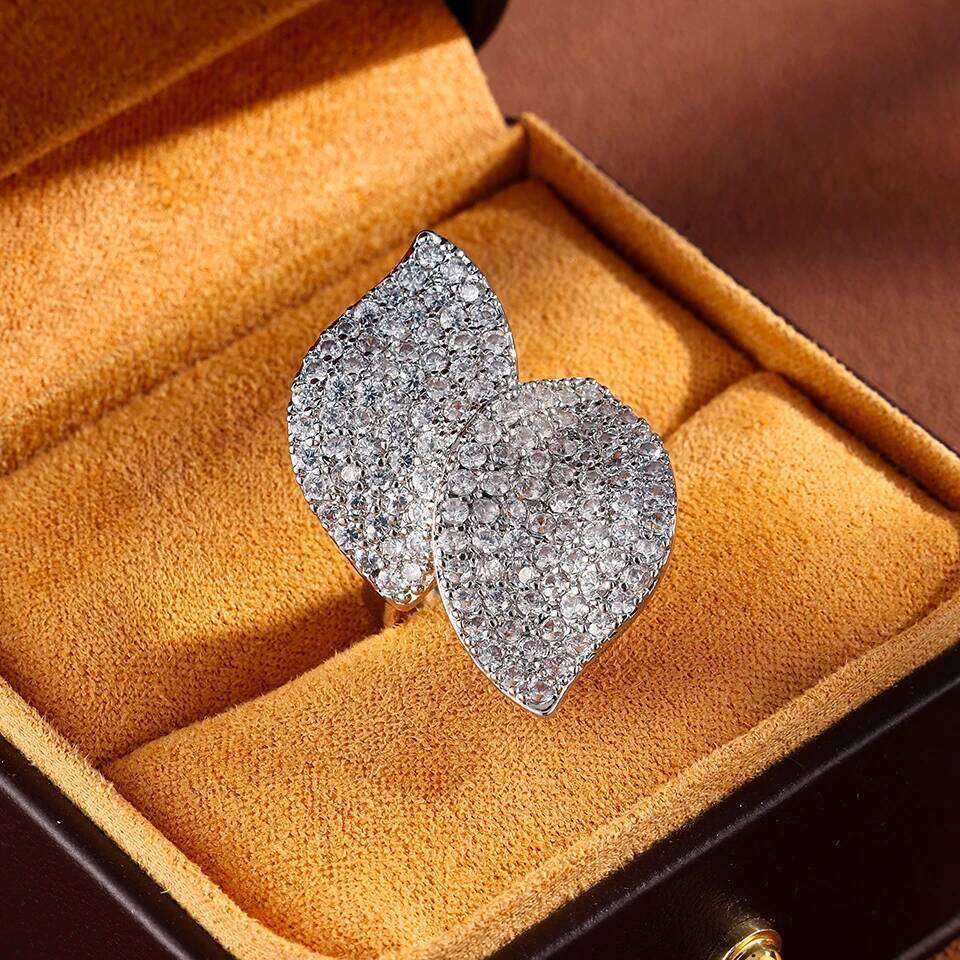 ZAKOL Fashion Shiny Zirconia Leaf Adjustable Opening Ring Elegant Gorgeous Crystal Female Engagement Wedding Jewelry