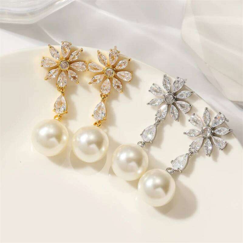 ZAKOL Sweet Romantic Round Imitation Pearl Drop Earrings Exquisite Shiny CZ Flower Earring Birthday Jewelry Gift for Girls