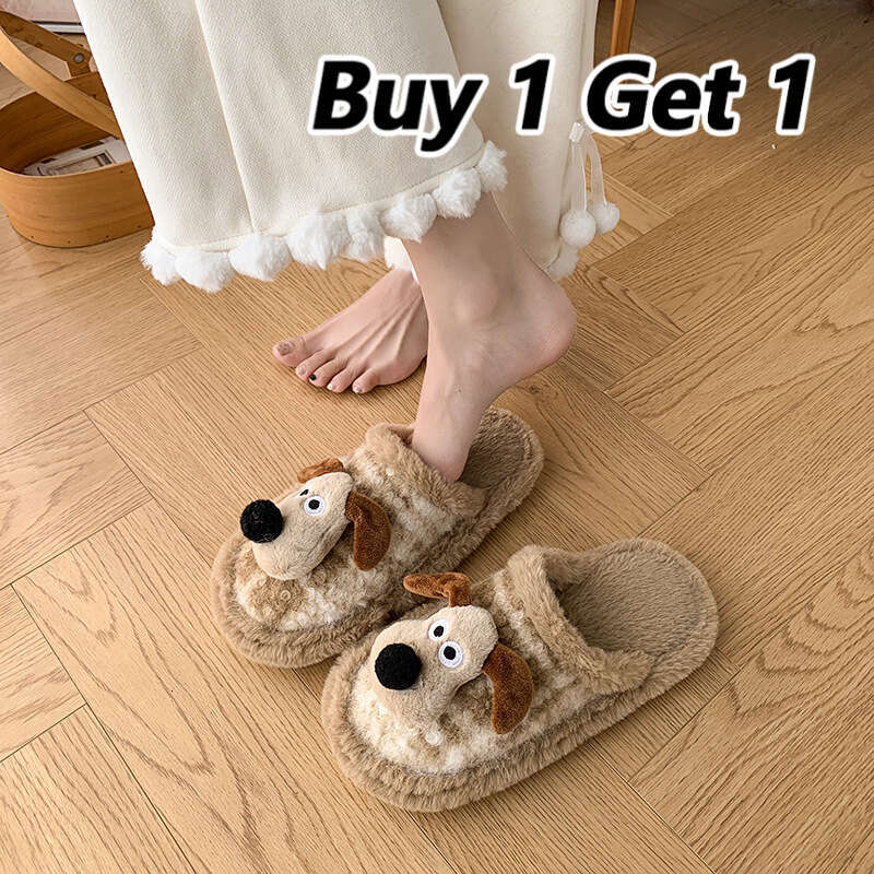 2026 Winter New Brown Cute Cartoon Dog Furry Slippers Women Warm Non-Slip Home Cotton Slippers Suitable for Outdoor Wear