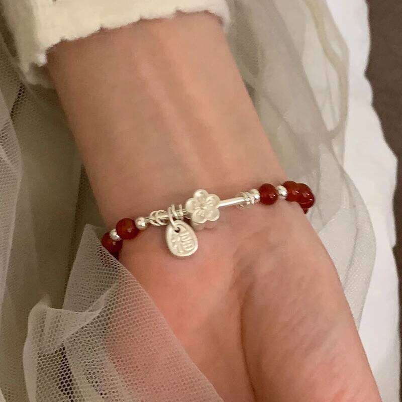 VENTFILLE 925 Sterling Silve Red Agate Bracelet for Women Flower Pendant Lucky Bead Jewelry Gift 25H1229