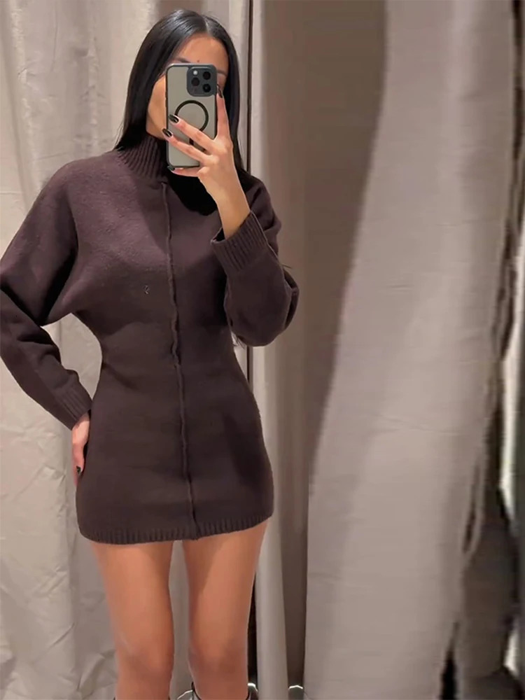 Knitted Long Sleeve Mini Sweater Dress Women High Collar Line Casual 2026 Spring Pullover Dresses Female Elegant Soft RobeJumper 251225