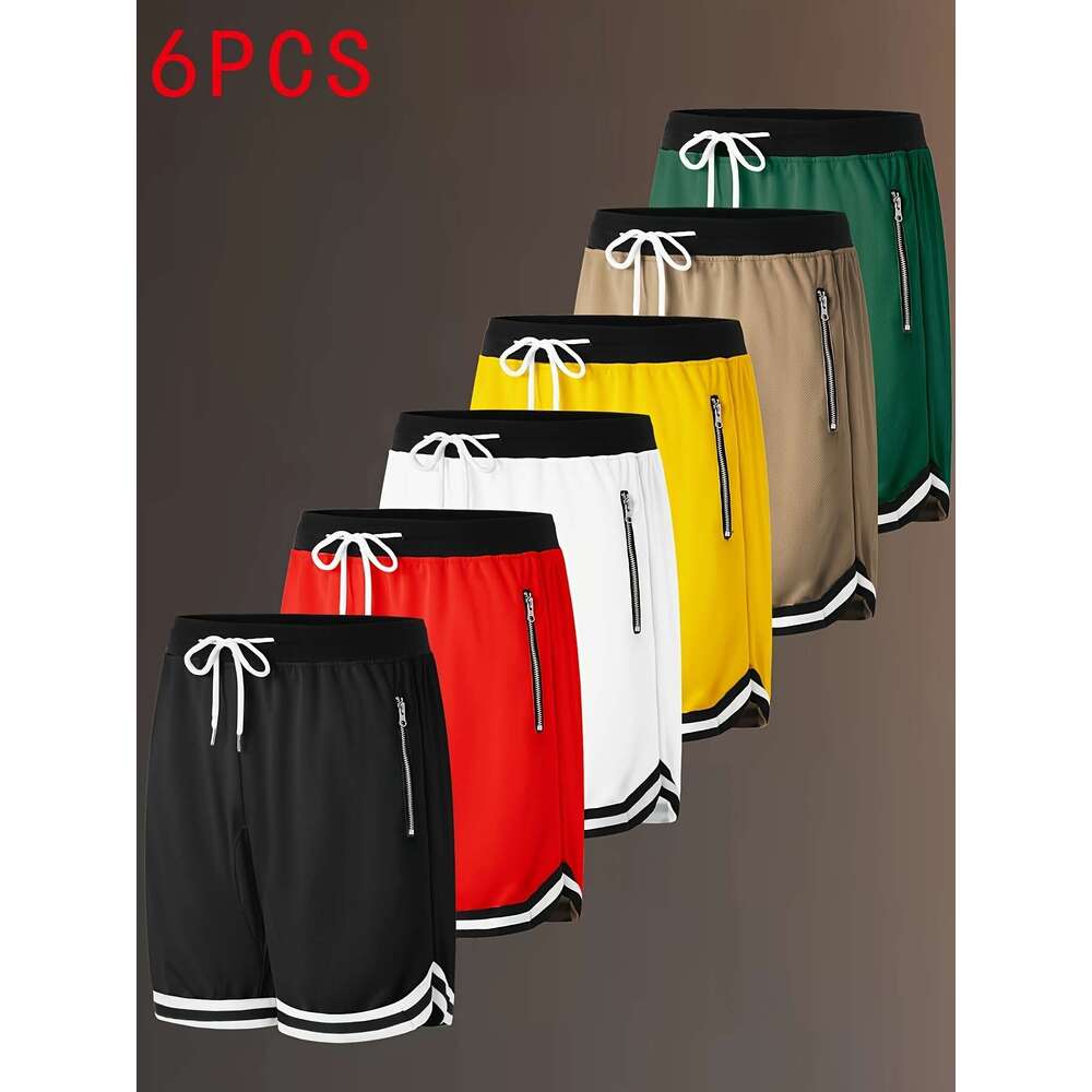 WONST Sportswear 6 Pcs Men S Athletic Shorts Summer Zippered Pockets With Drawstring Sportswear Solid Colors Stretch Fabric Regular Fit Casual Sportsw