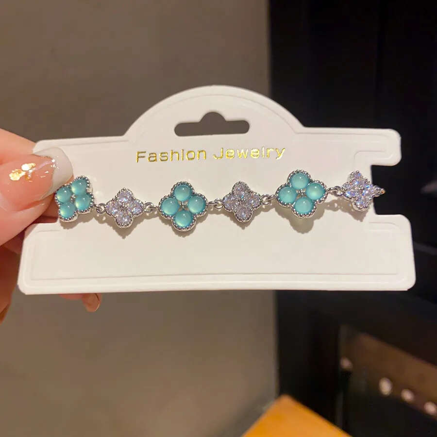 Designer Jewellery High Quality Blue Clover Shaped Bracelet with Silver Tone Crystal Detail for Daily and Special Occasions Gift Textured Fashionable 