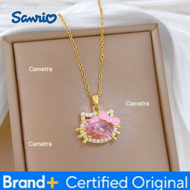 Sanrio Pink Crystal Hello Kitty Pendant Necklace for Women Girls Sweet Cute Stainless Steel Chain Jewelry Accessories Gifts H251229