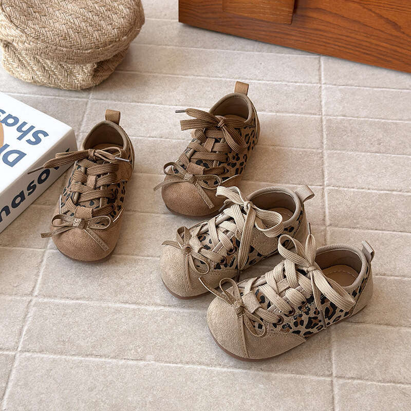 Children's Training 2025 Spring and Autumn New Korean Style Girls' Leopard Print Bowknot Forrest Gump Boys' Running Shoes