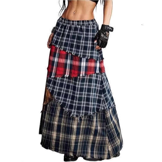 Women's A-Line Cake Waist Casual Midi Draped Flared Elastic Drawstring Patchwork Plaid Fringe Hem Punk Vintage for Casual Wear