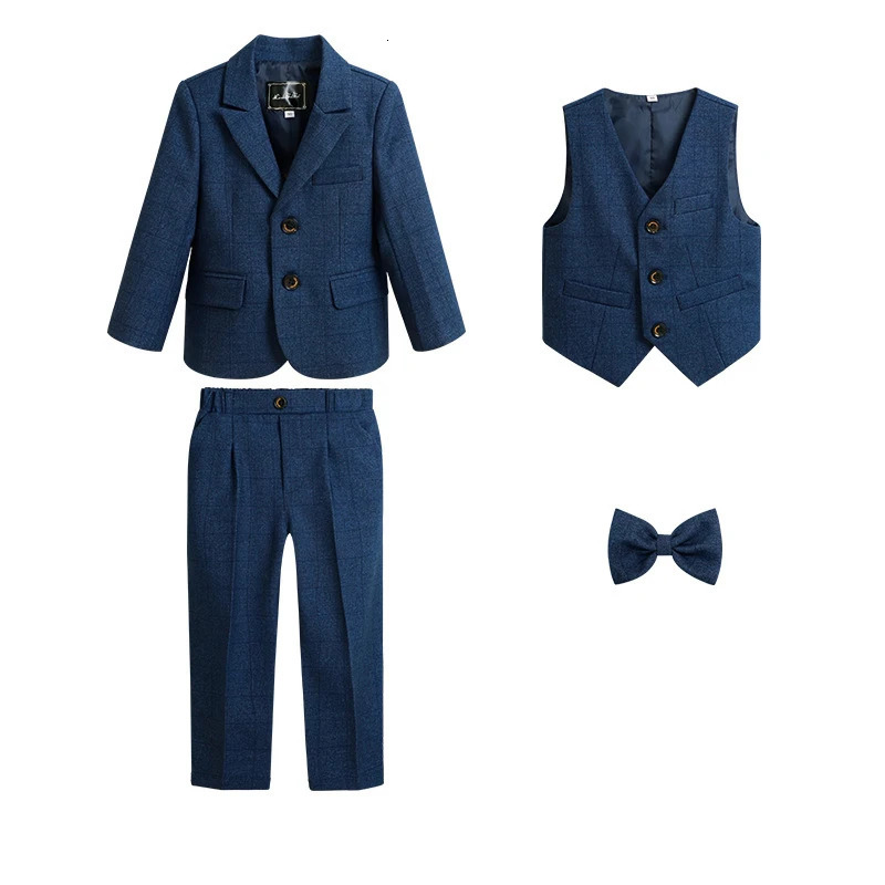 4 pcs sets Plaid Boys Formal Tuxedo Suit with Bow tie Childrens Blazer for Teenager Kid Party Performance Wedding Dress Costume 251218