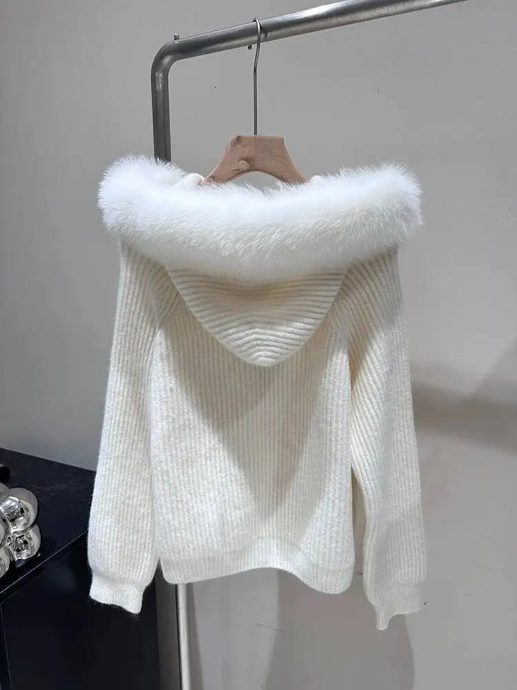 MYMX Large Real Fox Fur Hooded Knitted Cardigan For Women Zipper Long Sleeves Sweater Coat Autumn Winter MX180 251219