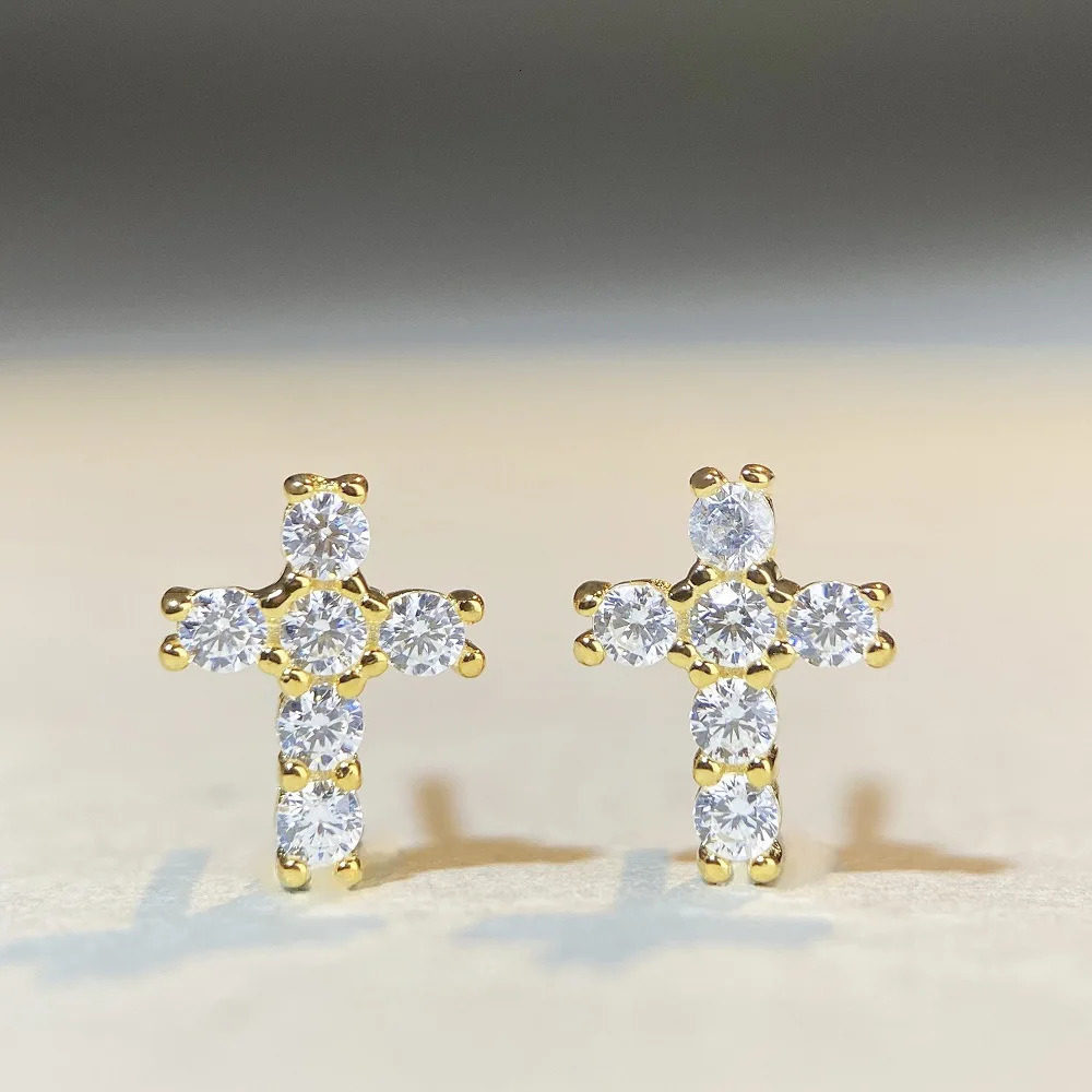 white gold solid platinum PT950 Moussan Earrings Unisex Hip-Hop Cross 251224