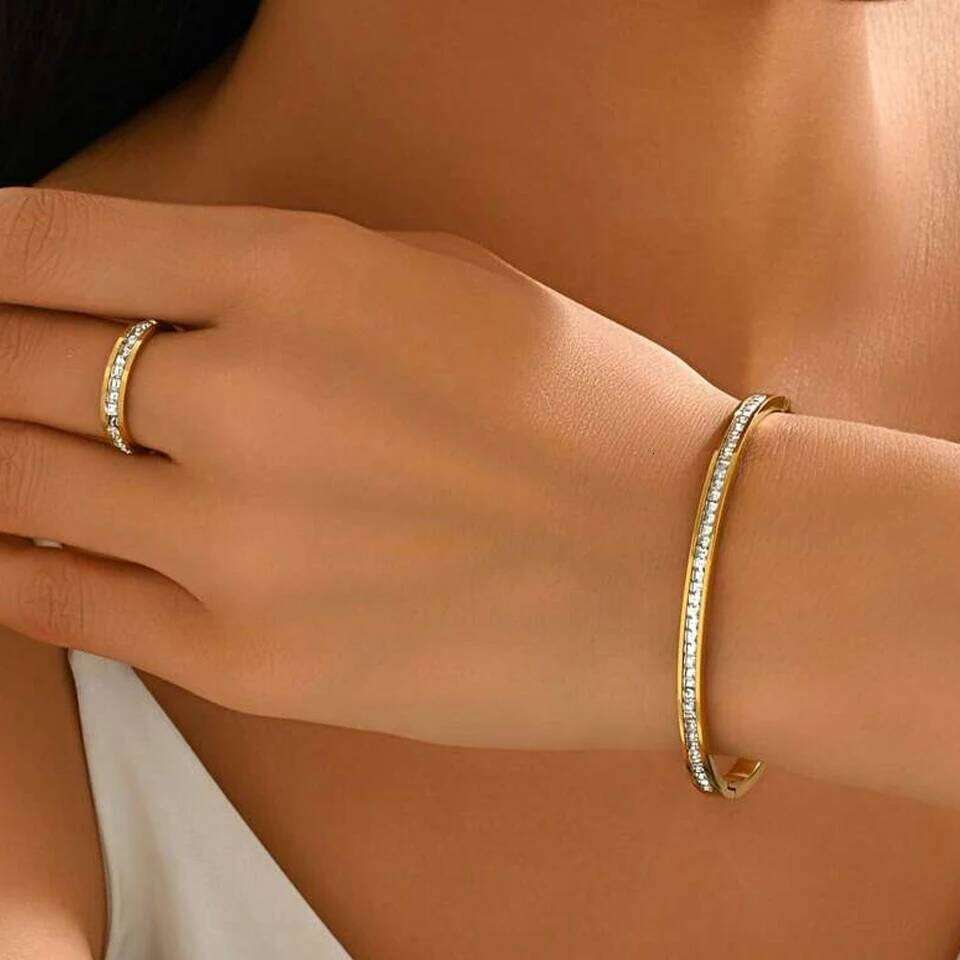 ZAKOL Simple Shiny Zircon Inlaid Stainless Steel Bracelet Ring Set for Women Exquisite Daily Vacation Jewelry