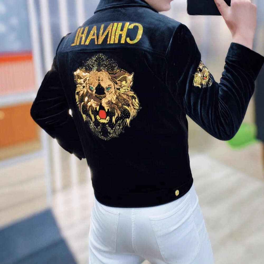 Winter New Fashion Tiger Head Embroidery Turn-Down Collar Jacket Coat Men's Personality Trendy Slim Fit Warm Cardigan Top