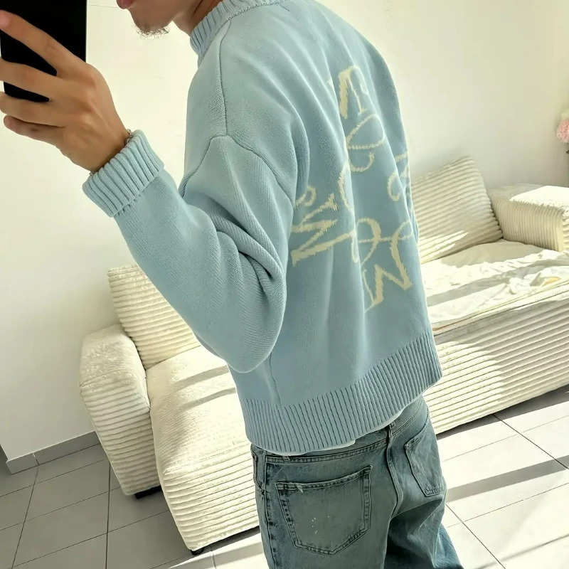 Y2K Sky Blue Long Sleeve Sweater Signature M Symbol Pattern Sweater Trendy Vintage Autumn Winter Unisex Oversized Clothing 251226
