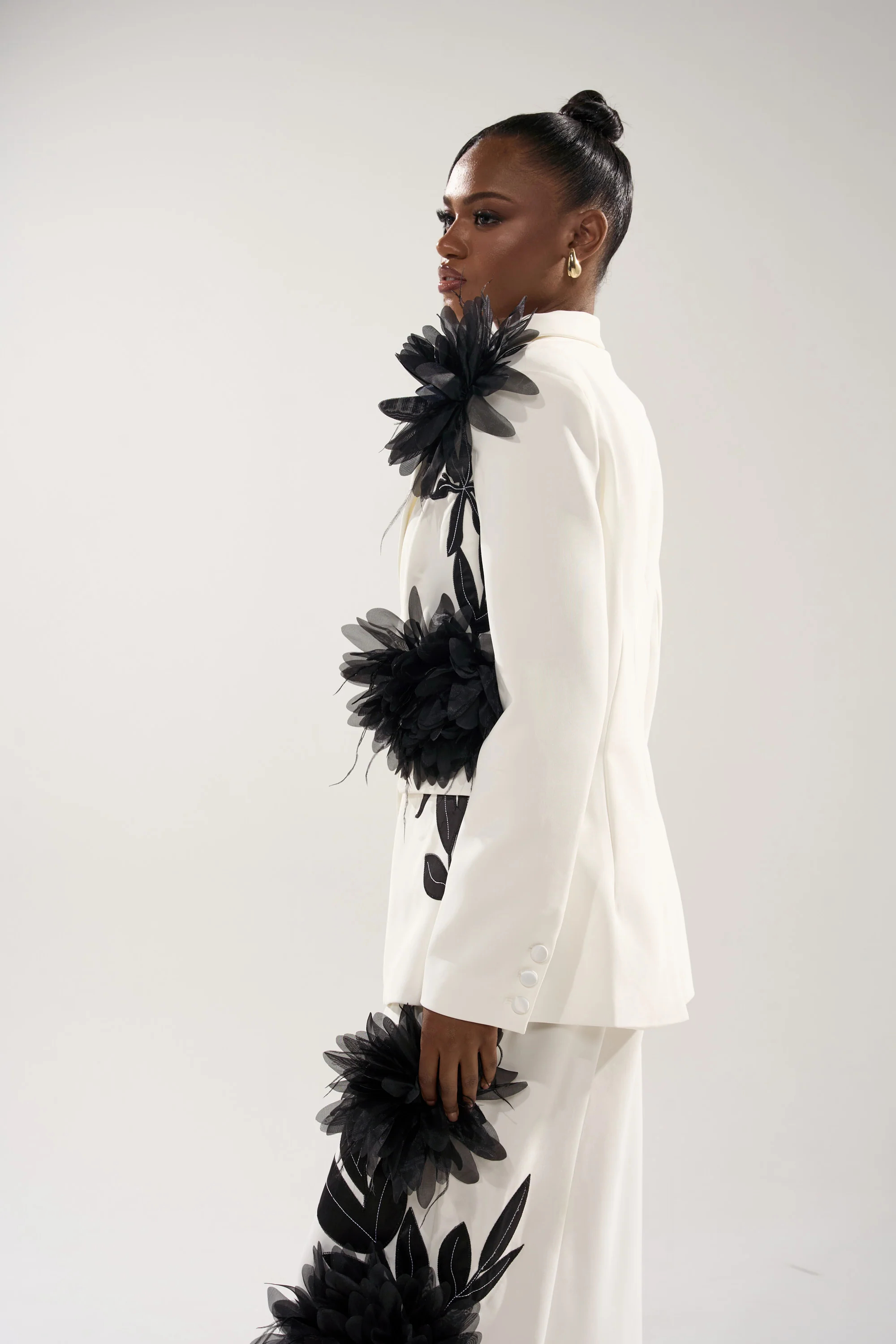 Formal Occasion Women Jacket Suits Ladies Hand Made Flowers Flared Pants Prom Birthday Party Evening 2 Pieces