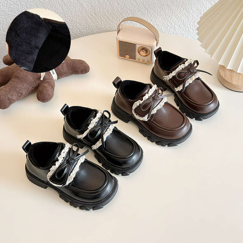 Girls' Bow Lace Fashion Princess Little Leather 2025 Autumn Winter New Korean Style Children's Fleece Cotton Shoes