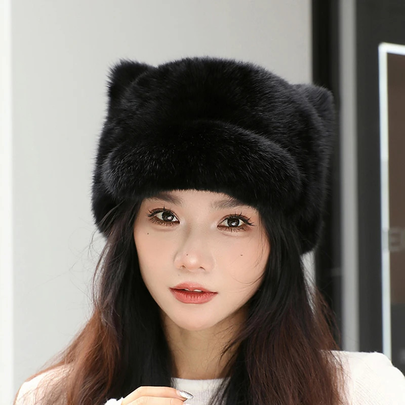 Style Women Rabbit Fur Cap Brim Cute Ears Hat Girls Winter Warm Real Natural Rabbit Fur Thick Warm Hats 251225