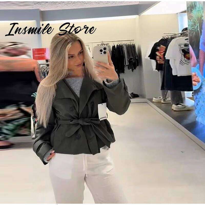 Fashion Belt Short Trench Coat Women Stand Collar Double Breasted Long Sleeve Jacket 2026 Spring Autumn Lady Street Outwear New ZHE HAN