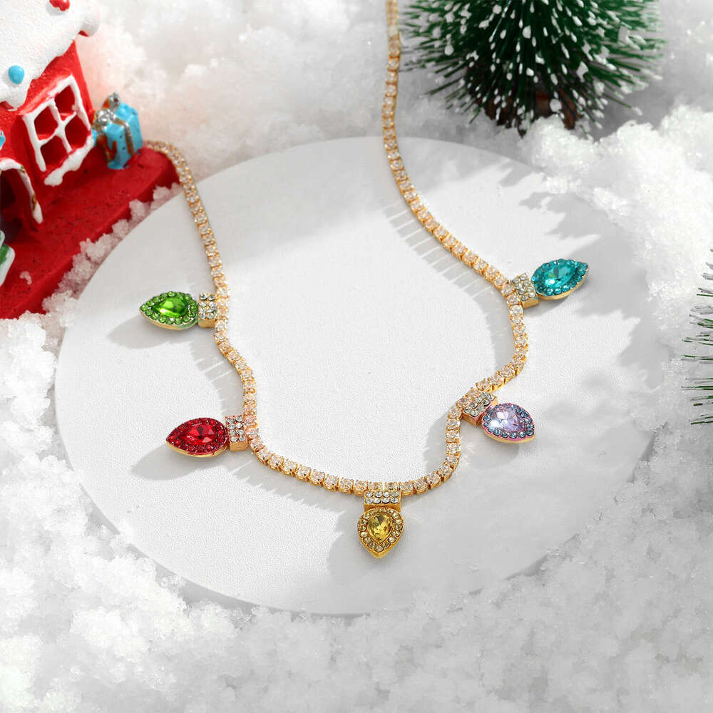 Cross-Border New Style Multicolored Crystal Leaf Tassel Pendant Full Diamond Atmosphere Necklace Christmas Gift