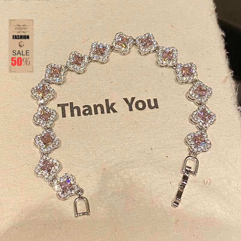 Bracelet For Women 2026 Luxurious Pink Clover Zircon Bracelet, Spring Summer Korean Style New High Value Brightening Trendy Gift Jewelry