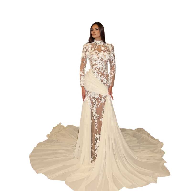 Charming Illusion Lace 3D Flower Wedding Dress High Collar Long Sleeve Bridal Gown Customized Dreamy Chiffon Dresses For Bride