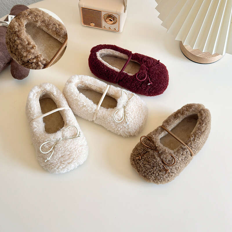 Girls' Cotton 2025 Autumn Winter New Korean Style Solid Color Bowknot Furry Shoes Lightweight Children's Fleece-Lined Loafers