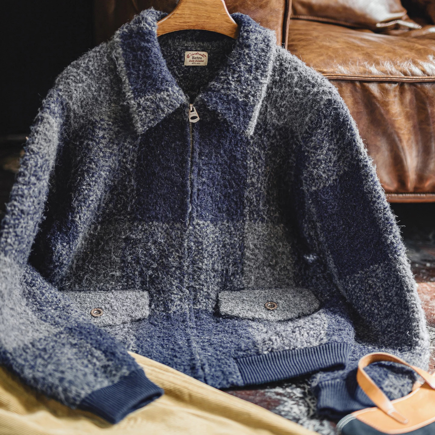 Maden Vintage Mens Plaid Wool Blend Cardigan Jacket Collar Zippered Huntuing Warm Coat for Autumn Winter Streetwear 251219