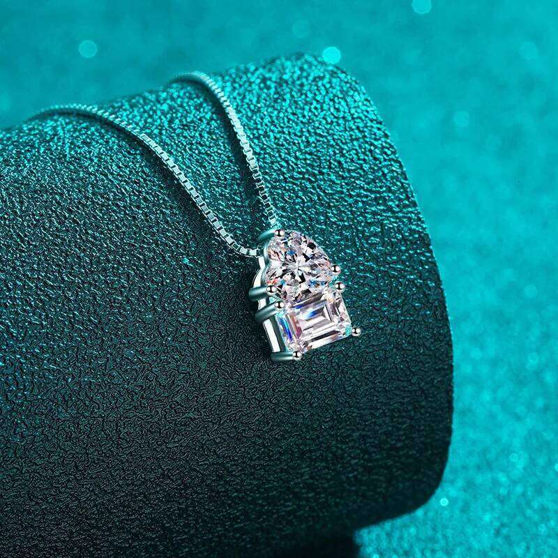 JOIAS HOME S925 Sterling Silver Simple Heart Square 2CT D-Color Moissanite Diamond Necklace Wedding for Women's Party Jewelry 7f9