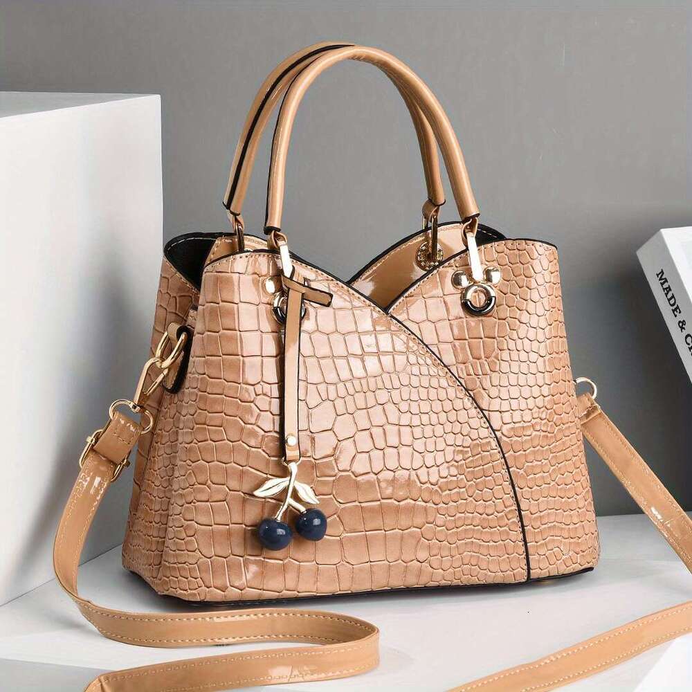 JINXIANGGUO Newest Trendy Women S Faux Crocodile Texture Handbag With Cherry Pendant Stylish Black Red Shoulder And Handbag Zip Closure Polyester Lini