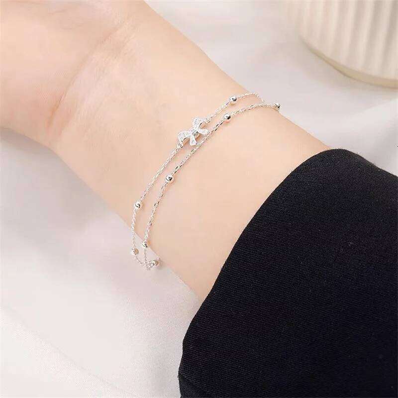 Titanium Steel Silver Color Geometric Bracelet For Women Girl Fashion Holiday Gift Double-deck Bow Wrist Chain Jewelry Pulsera 25H1229
