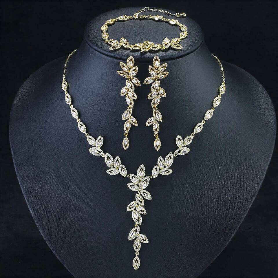 ZAKOL 3 Pcs Luxury Shiny Full Zircon Set for Women Exquisite Gorgeous Earrng/Necklace/Bracelet Versatile Wedding Jewelry