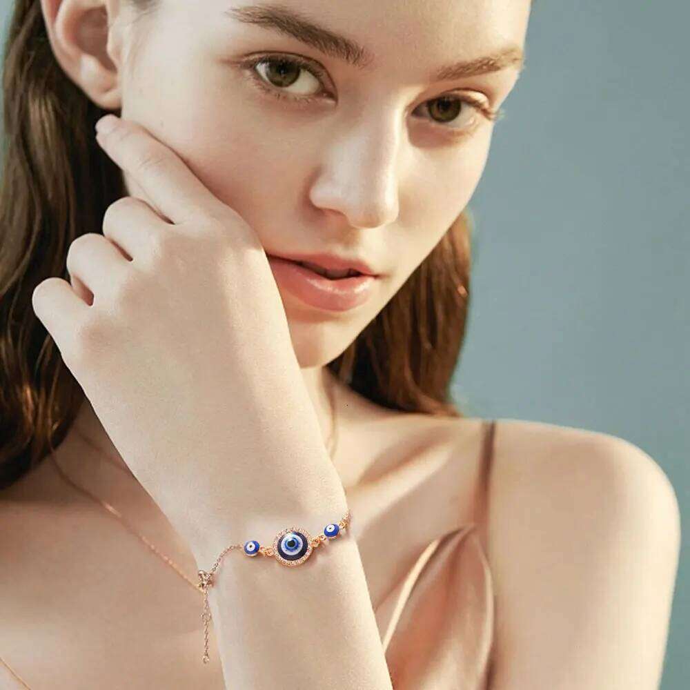 YILUOCD Bohemian Ovaly Blue Evil Eye Bracelet For Women 18k Gold Plating Tree of Life Chain Bracelets New Prayer Jewelry 25H1229