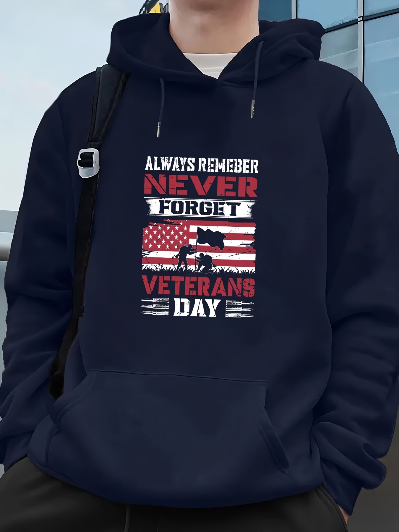 Men's Navy Blue Veterans Day Hoodie - Patriotic Letter Print Pullover with Kangaroo Pocket, Comfortable Polyester Blend for Fall/Winter, Drawstri
