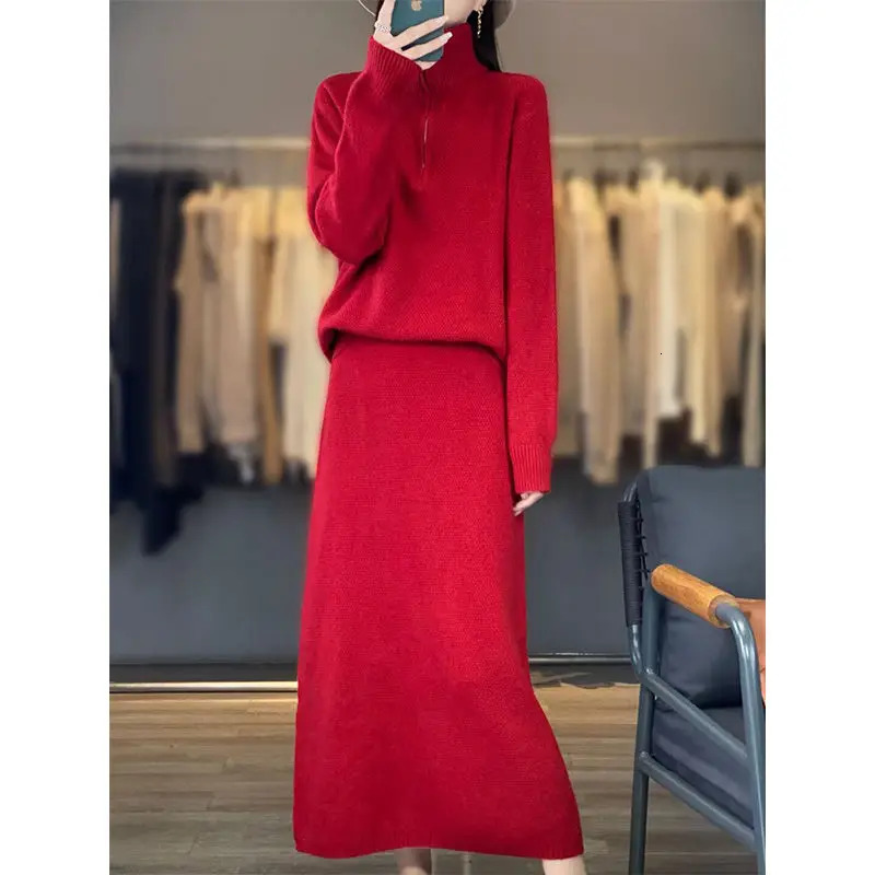 Autumn and Winter Korean Edition Fashion Set Stand up Collar Zipper SweaterSkirt Slimming Two Piece Set 251219