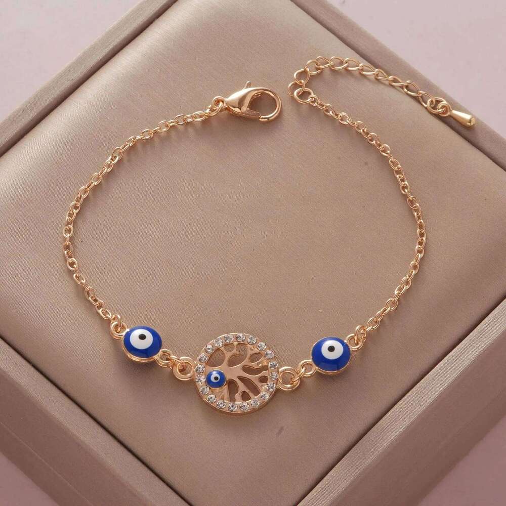 YILUOCD Bohemian Ovaly Blue Evil Eye Bracelet For Women 18k Gold Plating Tree of Life Chain Bracelets New Prayer Jewelry 25H1229