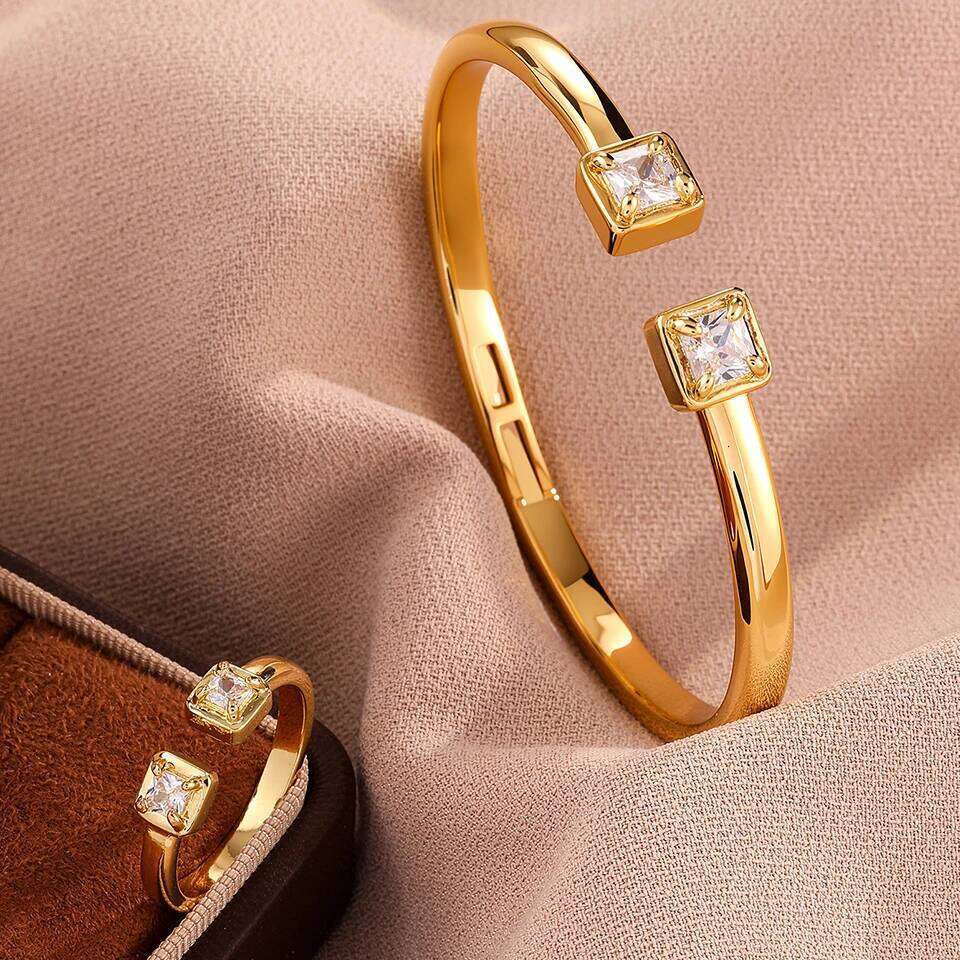 ZAKOL Elegant Shiny Square Zircon Open Ring&Bracelets New Trendy 18K Gold Plated Engagement Wedding Jewelry Two-piece Set
