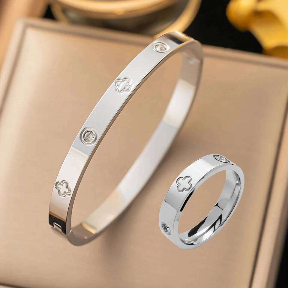 ZAKOL Stainless Steel Zircon Inlaid Nail Bracelet Ring Set for Women Carved Small Flowers Bangles Waterproof Daily Jewelry