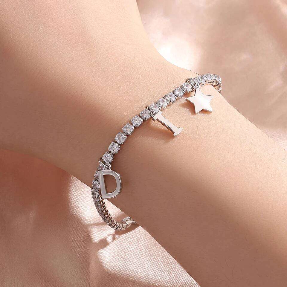 ZAKOL New Letter Pendant Round Zircon Claw Chain Bracelet for Women Shiny CZ Tennis Bracelets Aesthetic Jewelry Gift