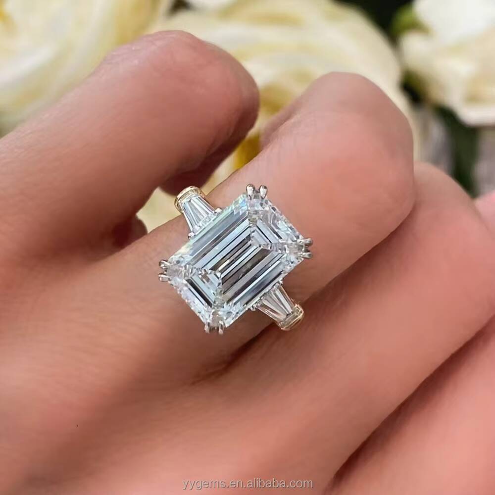 High End 14K Solid Gold 6CT Top Quality Emerald Cut Moissanite Trapezoid Side Moissanite Wedding Ring Fine Jewelry Women Rings