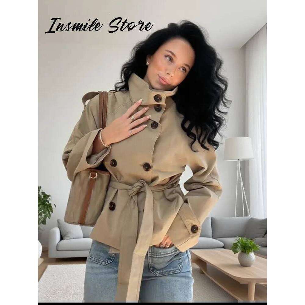 Fashion Belt Short Trench Coat Women Stand Collar Double Breasted Long Sleeve Jacket 2026 Spring Autumn Lady Street Outwear New ZHE HAN