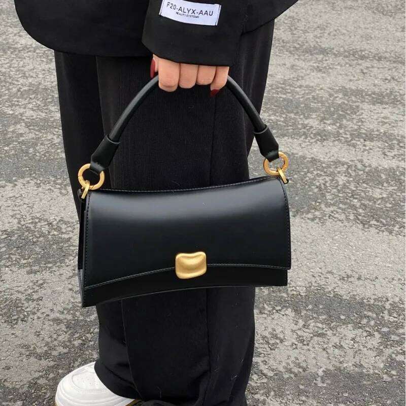 Black Flap Lock Handbags Women PU Leather Top Handle Messenger Casual Female Crossbody Retro Square Shoulder Bag Purse TIANOUDAISHU
