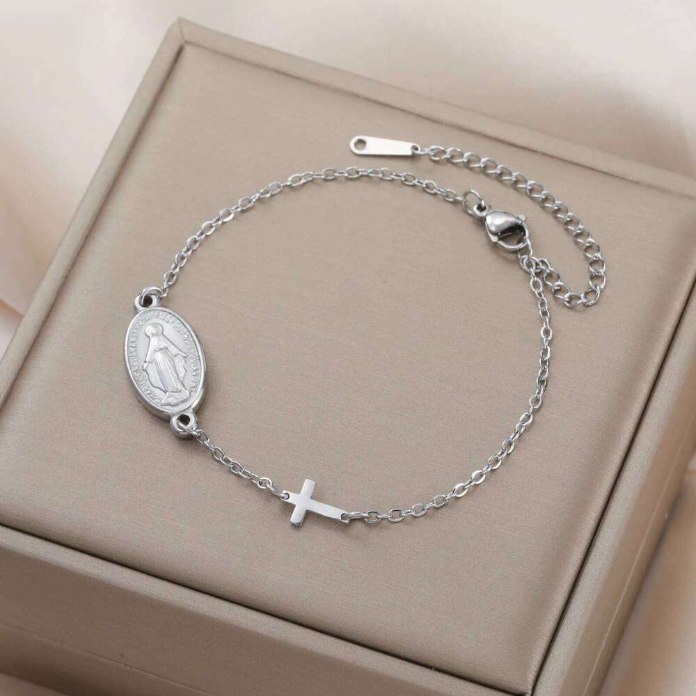 Lucktune Virgin Mary With Cross Pendant Stainless Steel Beads Chain Bracelets For Women Religious Amulet girls jewelry 25H1229