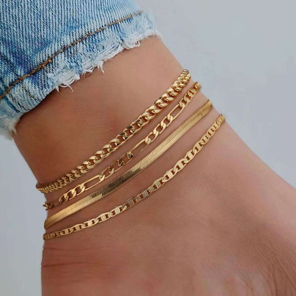 2025 New Style Girl gold Stackable Anklet Stainless Steel Niche Beach Versatile Trendy Foot Jewelry Set