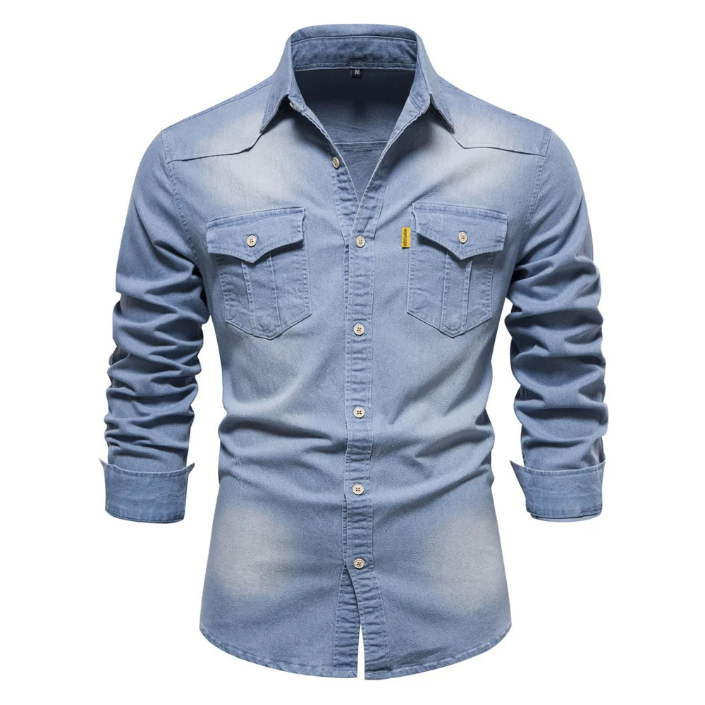 Mens casual solid - color long - sleeve denim shirt a fashionable and versatile breathable cotton coat 251224