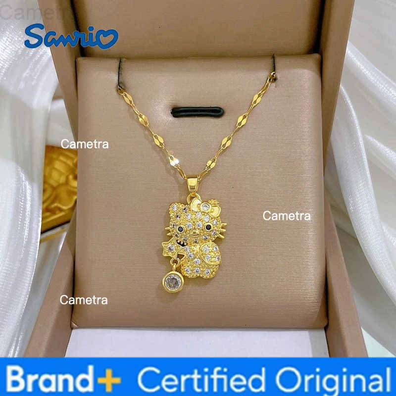 Sanrio Cute Zircon Hello Kitty with Star Pendant Necklace for Women Girls Stainless Steel Chain Gold Color Sweet Jewelry Gifts H251229