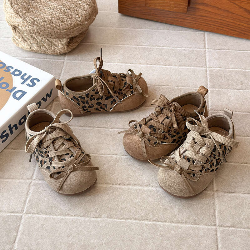 Children's Training 2025 Spring and Autumn New Korean Style Girls' Leopard Print Bowknot Forrest Gump Boys' Running Shoes