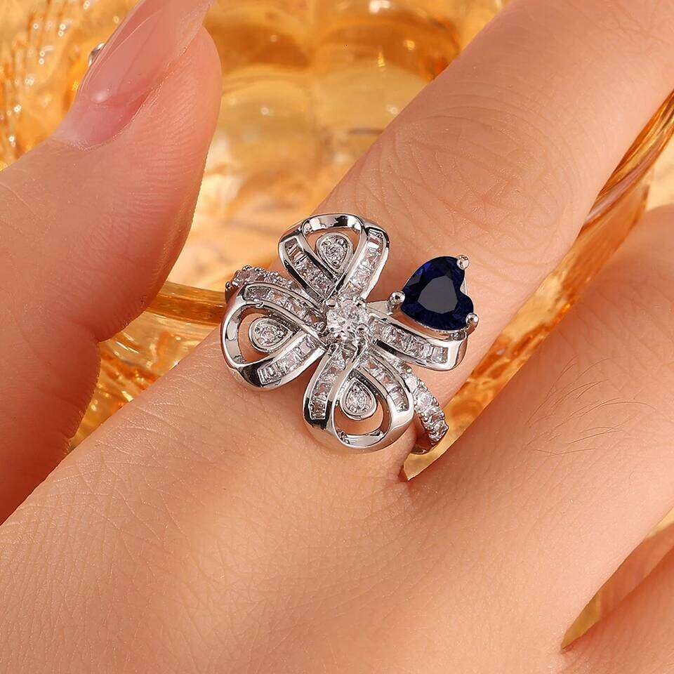 ZAKOL New Trendy Four-leaf Clover Flower Open Rings for Women Ladies Buling Dazzling Cubic Zirconia Engagement Ring Gift