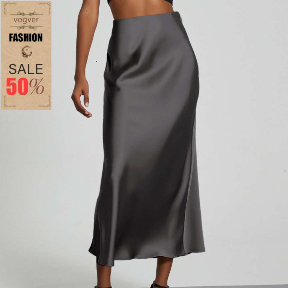Women's Soft Satin Midi Elegant Large Hem Silky Satin Slimming Flowing Grey Flowy High Waist for Daily Wear