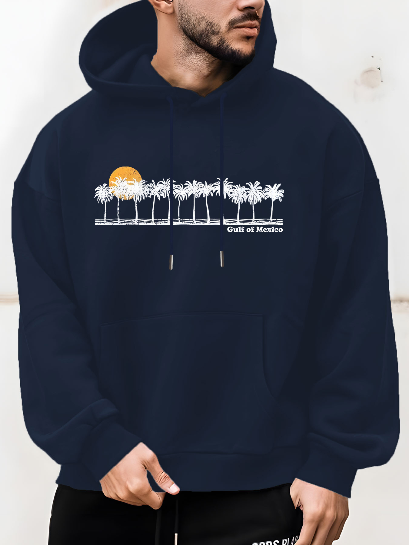 Men'S Black Hoodie Tropical Beach - Soft Blend, Casual Long Sleeve Pullover with Front Pocket, Perfect for Fall & Winter, Allseason Pullover|Trop