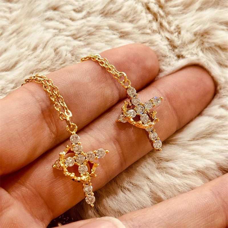 Rotatable Crown Rhinestone Cross Choker Necklace Earrings Rings for Women Minimalist Cross Chain Christian Jewelry Prayer Gift Y251227