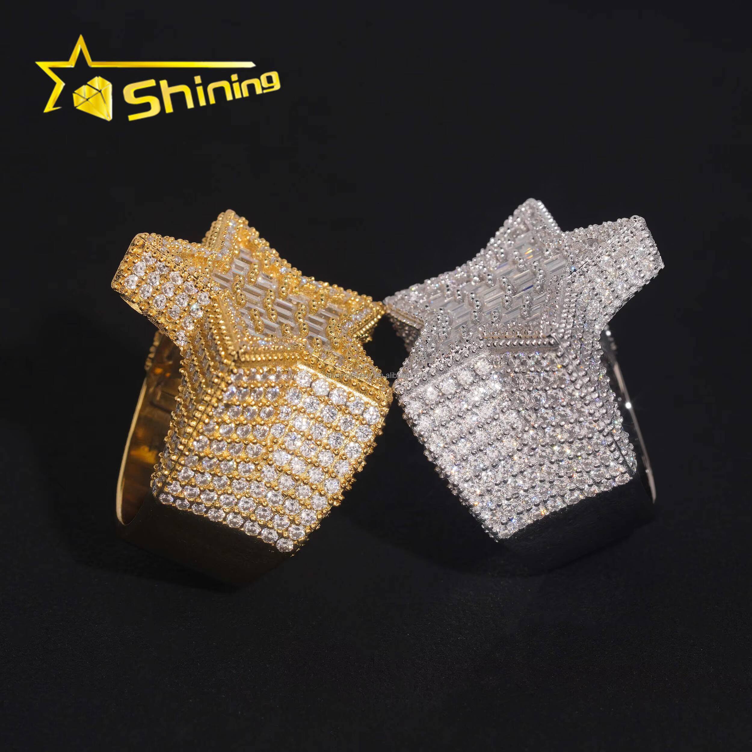 Bulk Stock Drop Shipping Iced Out Hip Hop GRA Certificate FL Baguette Moissanite Diamond Man Gift Iced Out S925 Silver Star Ring
